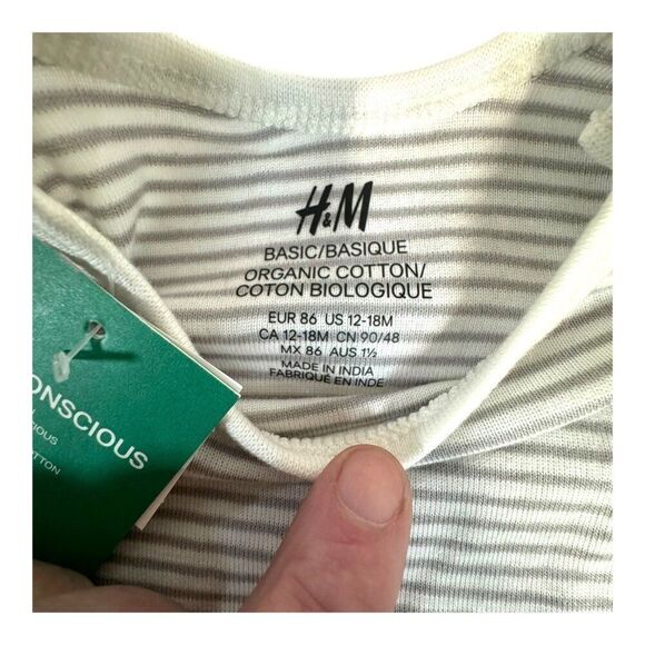 H&M Basic Organic Cotton Baby Bodysuit Set Of 2 Long Sleeve 12-18M Gray & White - Picture 5 of 8